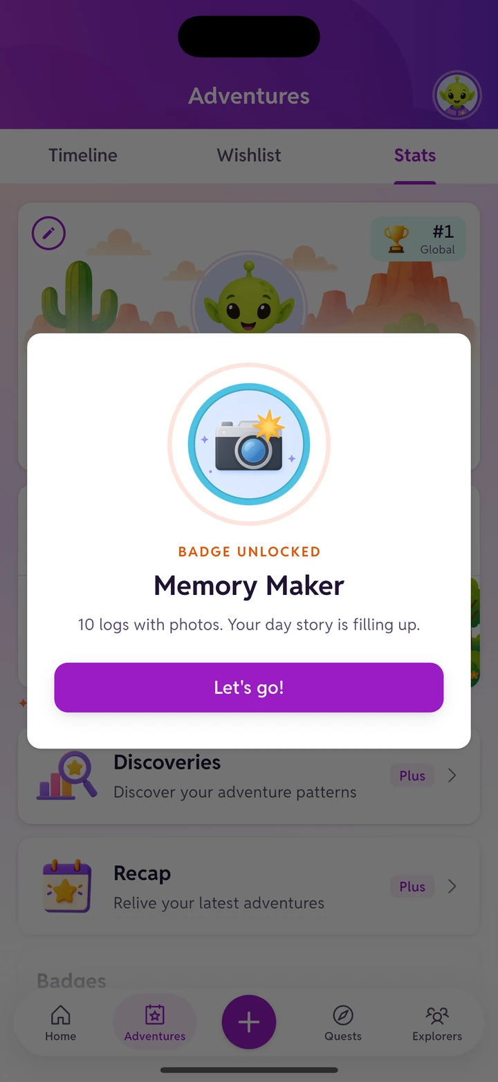 A badge unlock celebration for Memory Maker, earned for logging 10 adventures with photos.