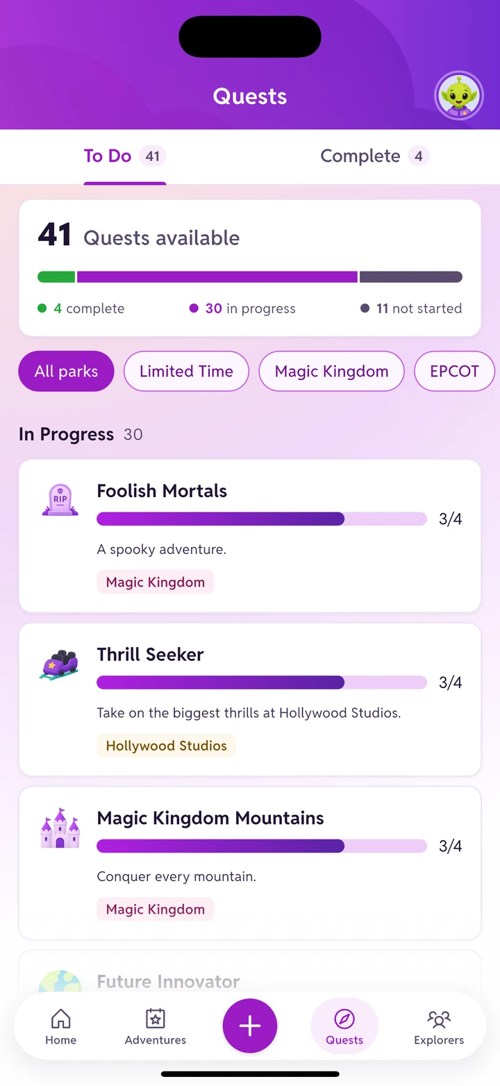 The Quests screen showing 41 quests available, 4 complete and 30 in progress, with progress bars on Foolish Mortals, Thrill Seeker and Magic Kingdom Mountains.