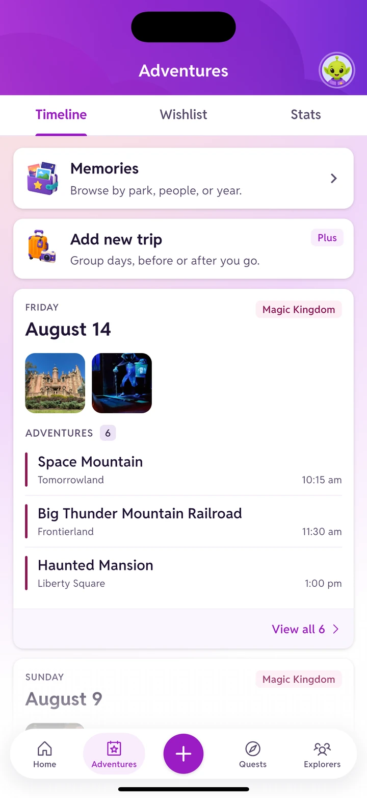 The Adventures timeline: a Magic Kingdom day on August 14 with two park photos, and Space Mountain, Big Thunder Mountain Railroad and Haunted Mansion each listed with the time they were logged.
